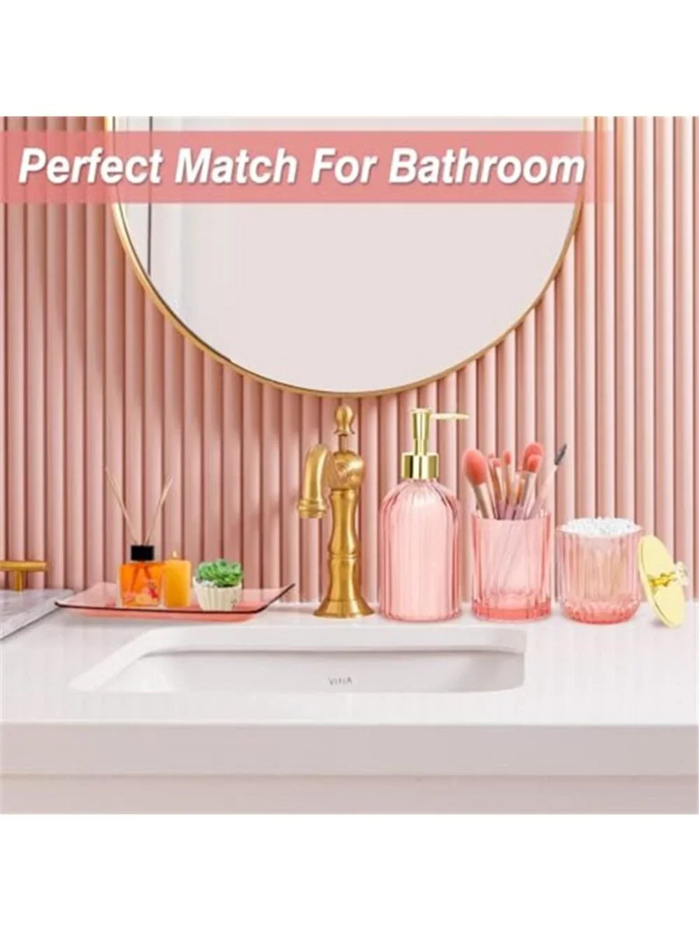 Pink Glass Bathroom Accessories Set Soap Dispenser Toothbrush Holder Vanity Set